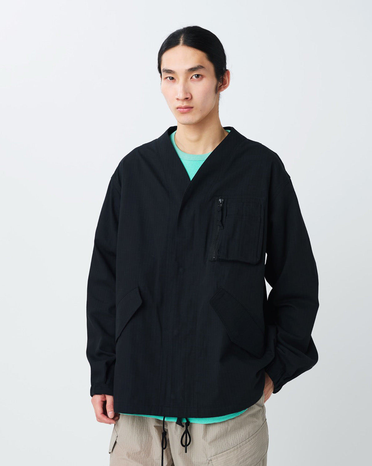 TAKIBI Herringbone Collarless Jacket