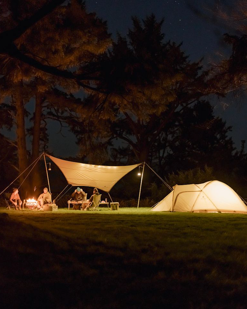 At a campsite, a group of people gather around a campfire. A tarp is stretched overhead, and a tent is also visible in the background. The night sky is filled with stars.